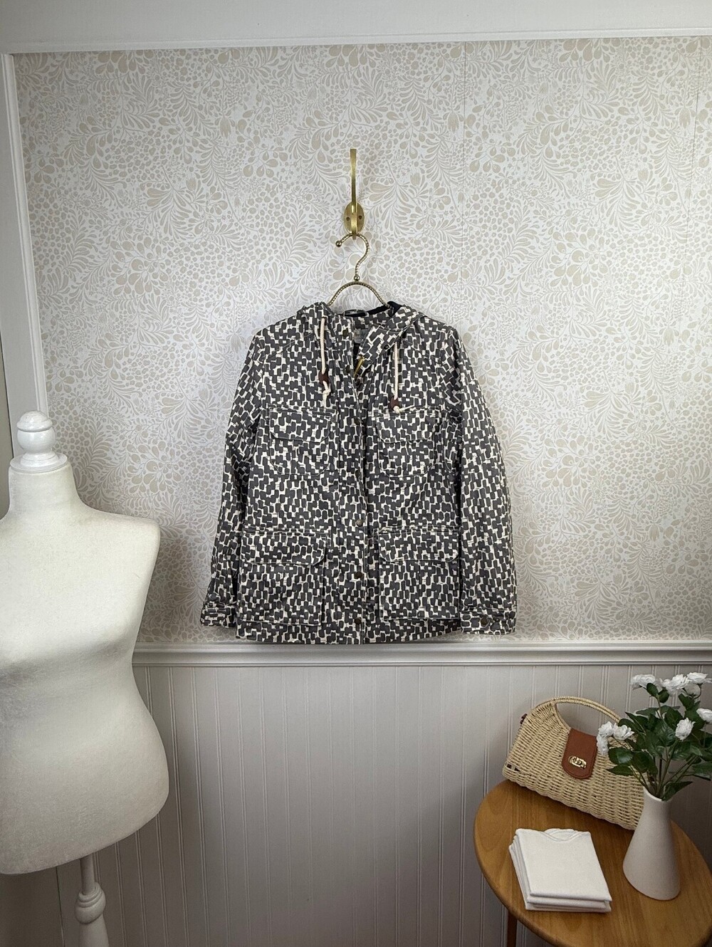 BODEN Gray and White Printed Canvas Heavy Utility Field Rain Jacket - Size - 6